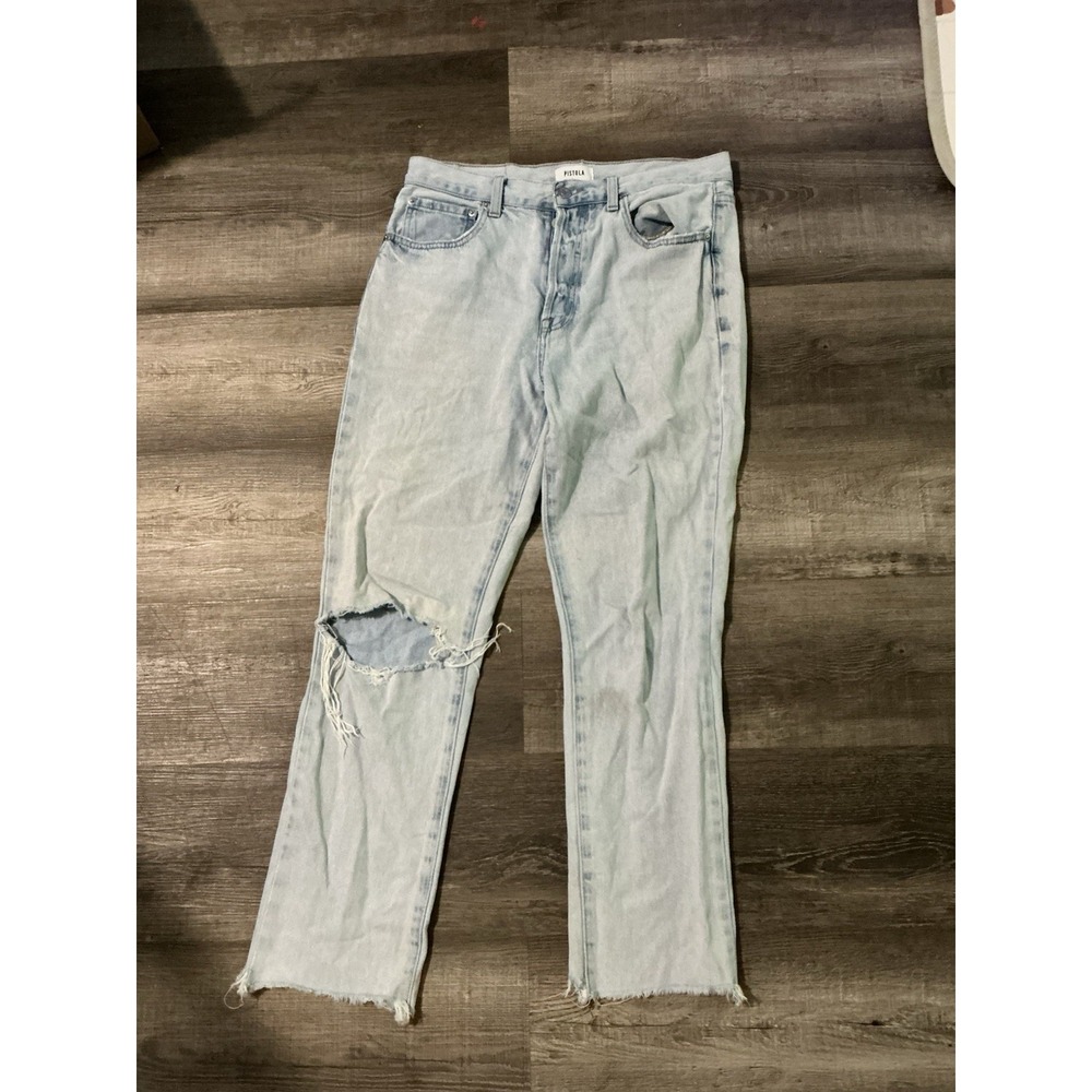 Pistola High Rise Straight Leg Distressed Jeans Light Blue Size 29 Raw Hem